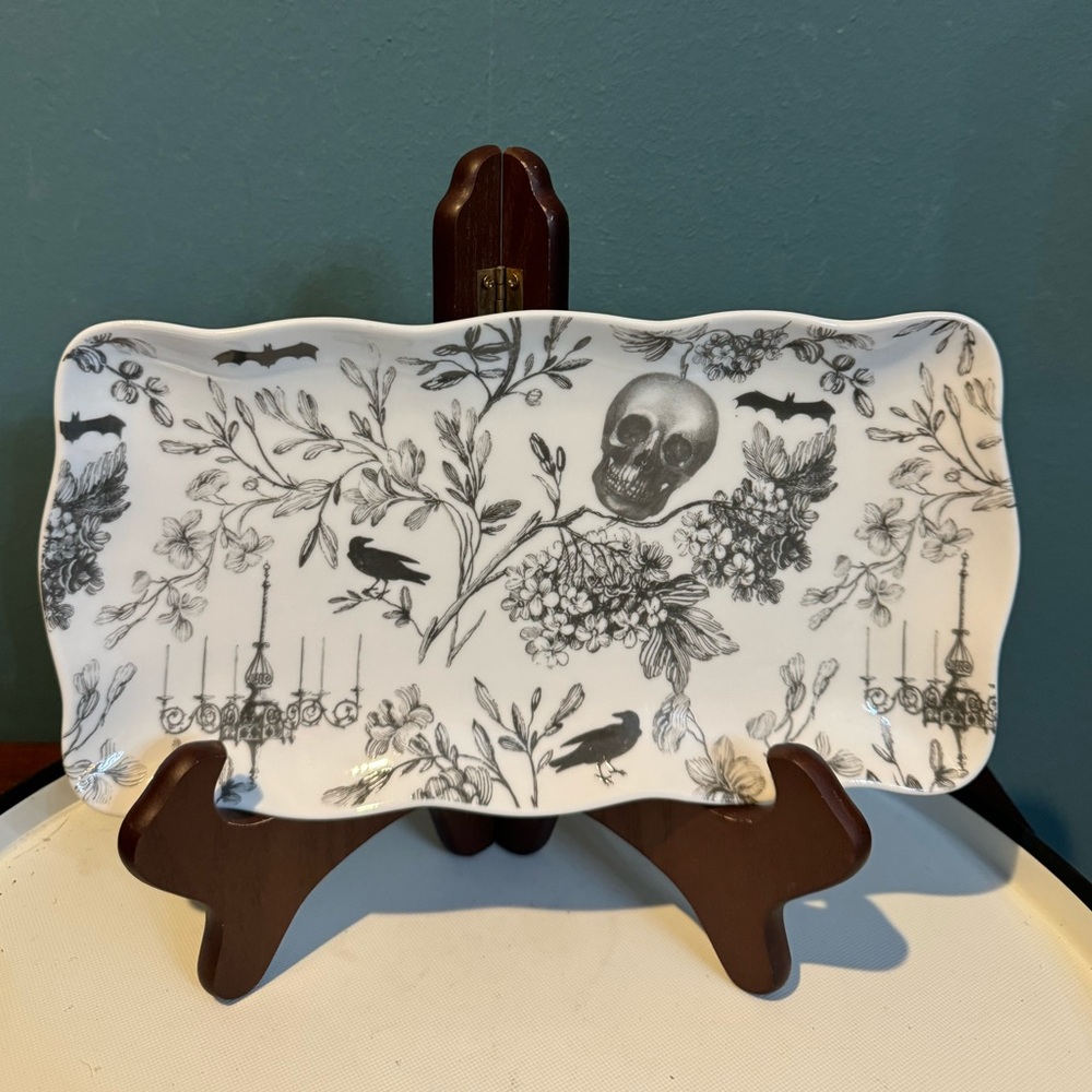 Black and White Floral Skull, Bats, Black Birds Ceramic Platter Tray Halloween